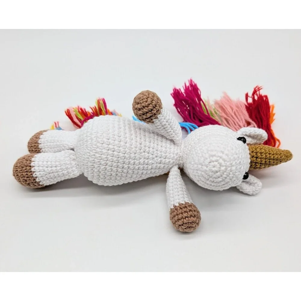 Handmade Crochet Unicorn Plush Stuffed Animal White Rainbow Mane And Tail 8.75